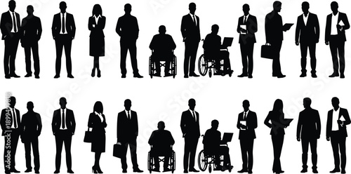 Business people silhouette set showing professional men and women executives including wheelchair users isolated on white background