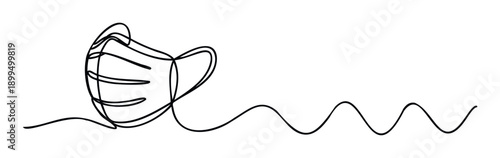 A minimalist one line drawing of a protective medical face mask transitioning into a wavy continuous line representing health and safety for public awareness campaigns and healthcare