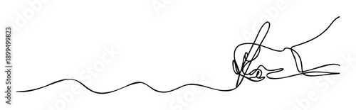 Continuous line drawing of a human hand holding a pen creating a flowing wavy line, perfect for symbolizing creative process and ongoing communication projects.