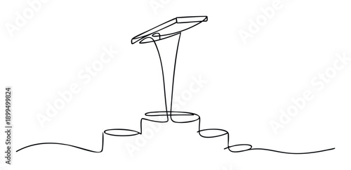 A minimalist continuous line drawing depicting a speaker podium on abstract rising steps, ideal for representing progress, education, or public speaking events