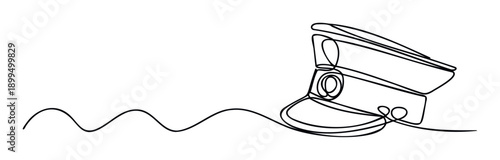 Single continuous line art depicting a professional uniform cap, such as a police or captains hat, connected by a flowing abstract line, perfect for symbolic imagery or educational