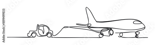 Continuous line drawing depicting a semi truck linked with an airplane, symbolizing global logistics and interconnected freight transportation for business and economic purposes.