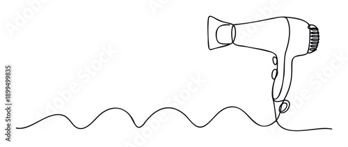 Continuous line drawing of a modern hair dryer with a wavy power cord for minimalist appliance and styling product advertisements or salon related promotional materials