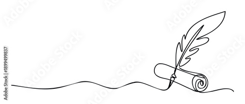 Elegant continuous line drawing of a classic feather quill pen and a rolled parchment scroll, symbolizing writing, history, literature, legal documents, and educational content.