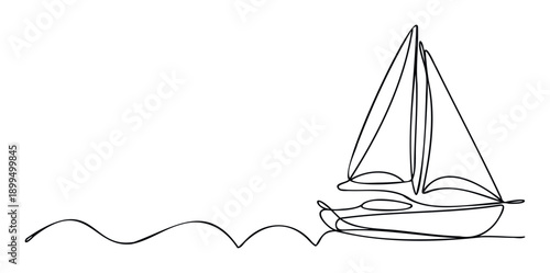 Continuous single line drawing of an elegant sailboat sailing on wavy ocean water, perfect for marine transportation themes and simple nautical voyage projects.