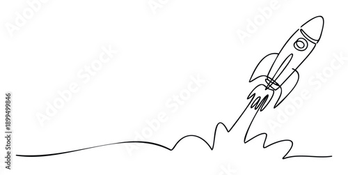 A minimalist single continuous line drawing of a rocket launching upwards into space, symbolizing progress, innovation, startup, and business growth, suitable for technology, finance, or
