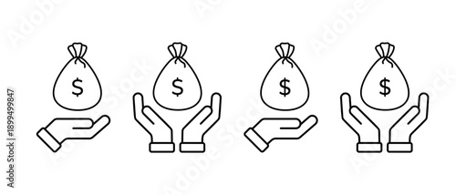 Hand holding money bag icon. Finance, savings, dollar vector symbol