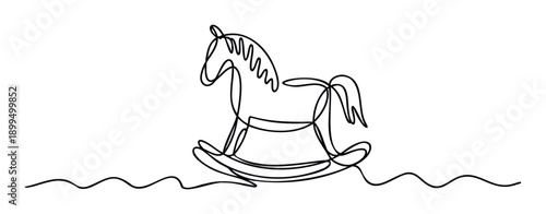 A minimalist continuous line drawing of a rocking horse toy on a wavy line representing motion, perfect for childrens product packaging, nursery decor, or educational materials.