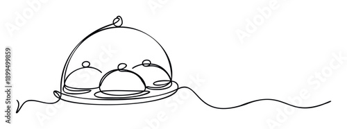 Elegant single continuous line drawing of a food serving cloche with three individual covered dishes, ideal for culinary concepts, restaurant branding, or upscale gourmet dining