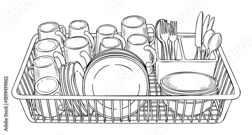 Detailed line drawing of a dish rack full of freshly washed plates, cups, mugs, and silverware ready for drying, perfect for domestic and kitchenrelated media
