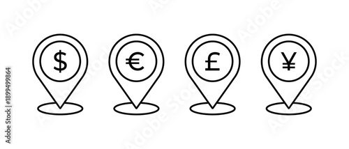 Map pin with currency icon. Dollar, euro, pound, yen money map symbol