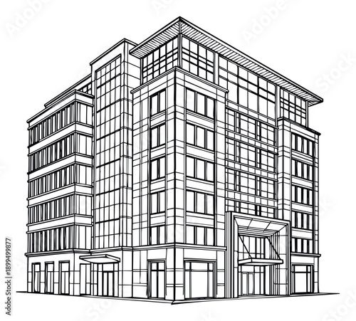 Dynamic architectural sketch of a contemporary multistory commercial structure showcasing modern lines and extensive windows, useful for property development, urban planning, and corporate