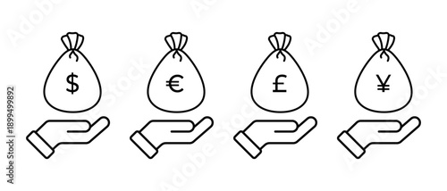 Hand holding money bag icon. Finance, savings, wealth concept with dollar, euro, pound and yuan currency symbols