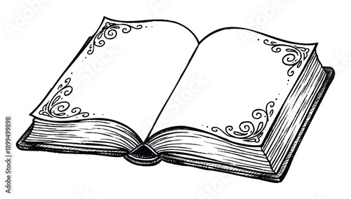 Open book hand drawn line sketch with ornate page borders ready for text or illustration for educational materials, literary themes, or publishing related projects