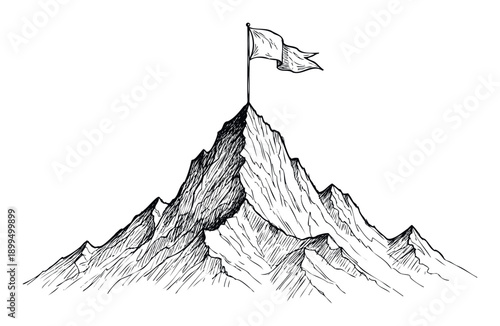 Hand drawn mountain peak with a triumphant flag waving on its summit symbolizing challenging goals and ultimate success for motivational presentations or business achievements