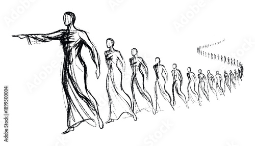 Stylized drawing of a commanding person leading a curved procession of followers, illustrating concepts of migration, direction, and collective movement in a striking visual