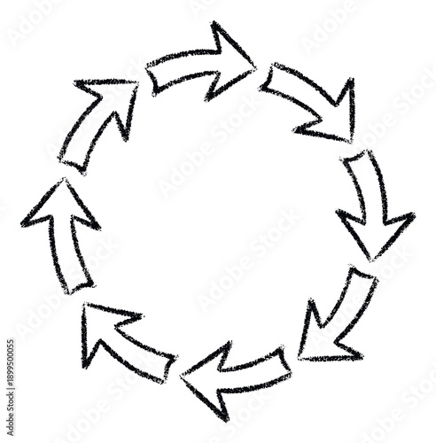 Distressed style arrows forming a circular endless loop illustrating repetition, recycling, or sequential steps for visual aids, informational charts, and process diagrams
