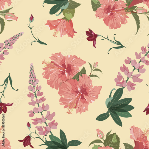 Hibiscus flowers, campanula and lupine. Seamless vector illustration suitable for decorating textiles, packaging, and wallpaper.