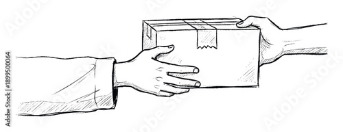 Two human hands engaged in the action of giving and receiving a packed cardboard shipping box, suitable for conveying concepts of delivery, exchange, commerce, or humanitarian aid services.