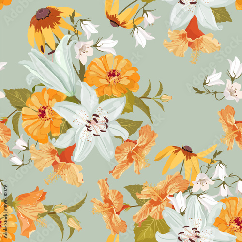 Lilies, campanula, chrysanthemums, and hibiscus, against a gray background, creating a seamless vector illustration perfect for decorating textiles and packaging.