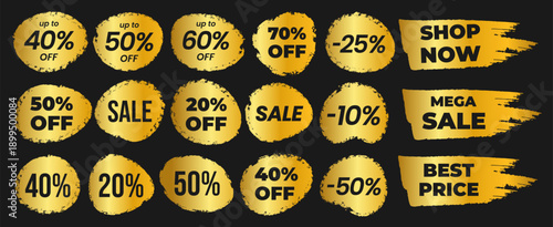 Set of brush stroke, gold mega sale sticker, discount tag, label, emblem, spot with text Best price, Shop now. Element for promotion, banner, flyer, coupon. Golden gradient vector Eps10	
