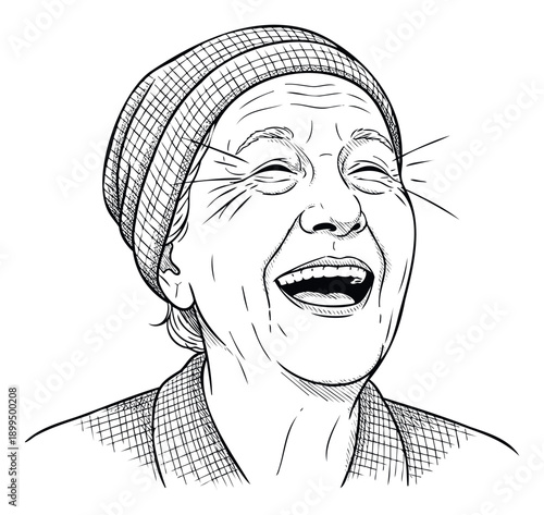 A senior woman wearing a patterned head covering and shirt is captured in a moment of pure, openmouthed laughter, perfect for conveying genuine happiness and positive feelings.
