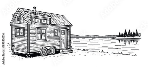A rustic mobile tiny home positioned near a serene lake with distant forest and mountains, perfect for illustrating sustainable living, outdoor adventures, or minimalist lifestyle concepts