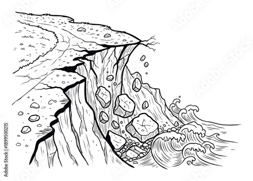 Coastal cliff erosion with falling rocks into ocean waves depicts natural disaster consequences and environmental damage for educational materials or risk management awareness campaigns.