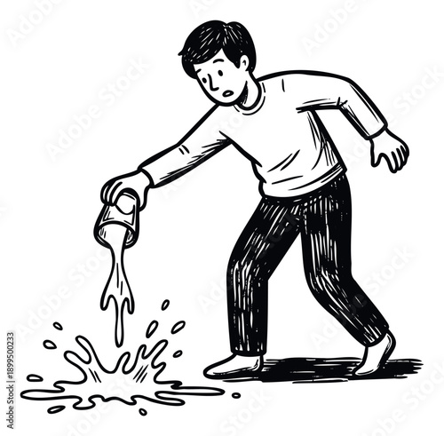 Concerned young person accidentally spilling liquid from a cup onto the floor, creating a splash and a mess, ideal for depicting everyday accidents, clumsiness, and unexpected spills.