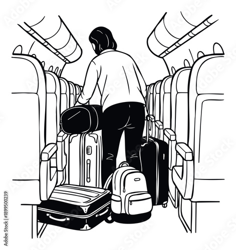 Traveler organizing carryon luggage inside a commercial airplane cabin, depicting the passenger experience of boarding and finding overhead bin space for flight journeys.