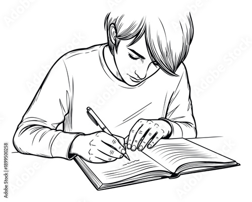 Focused student writing intently in a notebook during a study session, perfect for academic resources, educational content, or personal development topics.