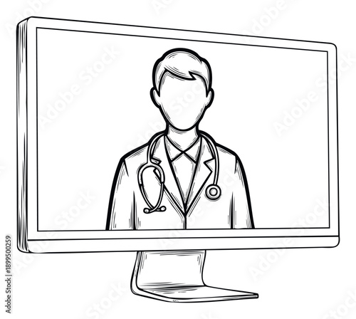 Digital representation of a doctor displayed on a desktop computer screen, symbolizing remote medical care, telehealth services, and virtual patient consultations.