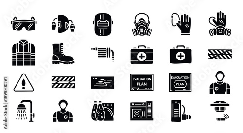 Essential safety equipment and emergency protocol icons, including personal protective gear, first aid, warning signs, and evacuation plans for industrial security and compliance education