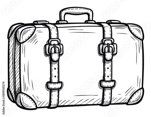 A classic handdrawn suitcase illustration featuring buckles and straps, perfect for travelthemed projects, vacation planning materials, or nostalgic graphic resources.