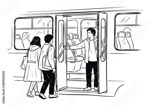 Young passengers board a public transport train with one person holding the door for others, depicting urban commuting and helpfulness for travel projects.
