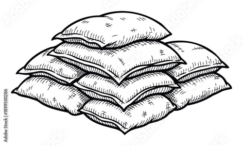 Handdrawn stack of sturdy burlap sacks, ideal for depicting agricultural products, storage solutions, or construction materials in rustic themed projects and farming promotions.
