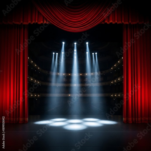 A dramatic stage illuminated by spotlights with red curtains opening every mounth for a spectacular performance