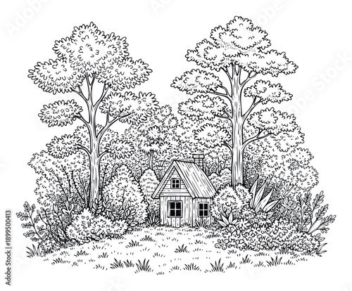 Small wooden house situated within a serene forest landscape featuring tall trees, dense bushes, and grassy clearings, perfect for naturethemed projects, coloring activities, and outdoor