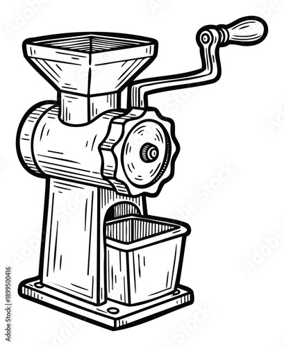 A vintage manual kitchen meat grinder with a hand crank and collection tray, perfect for food preparation concepts and culinary equipment visuals for various projects.