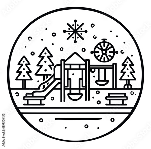Black and white winter playground scene featuring a slide, swings, and evergreen trees surrounded by falling snowflakes within a circular frame, ideal for seasonal childrens activities and