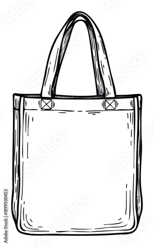 Black outline sketch of an empty fabric tote bag with a handle, ideal for sustainable shopping concepts, ecoconscious branding, or DIY customization projects.