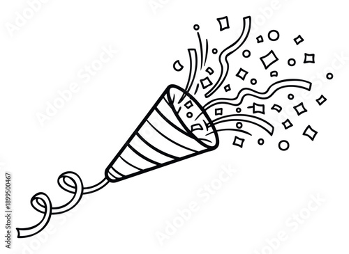 Celebratory party popper bursting with festive confetti and streamers is perfect for event invitations, holiday decorations, and New Year celebrations.