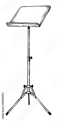 Detailed black and white sketch of a portable music stand with an adjustable height and tripod base, perfect for musical events, educational resources, and instrument shop advertisements.