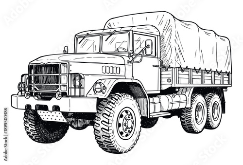 Detailed ink sketch of a classic army transport vehicle with heavy duty tires and enclosed bed suitable for graphic design projects or engineering diagrams