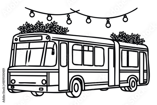 Festive articulated city bus decorated with holiday lights and evergreen branches, perfect for Christmas season marketing campaigns or engaging childrens coloring activities.