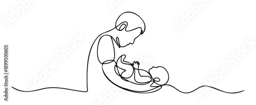 Continuous line drawing showcasing a gentle child holding a baby, beautifully representing sibling love, tender family bonding, and early childhood care, perfect for parenting and family
