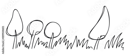 Simplistic black outline drawing portraying a natural outdoor scene with varying tree shapes and flowing grass, suitable for educational content or basic visual communication.