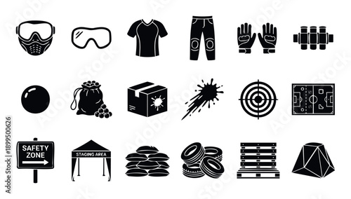 Paintball sport equipment and field elements icon set for game related presentations, outdoor activity brochures, and recreational facility marketing materials.