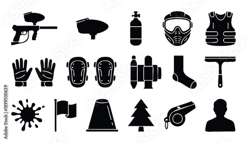 Comprehensive collection of paintball sport equipment and accessories, perfect for game infographics, web graphics, and advertising materials to illustrate essential gear for players and