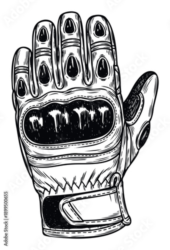 Black and white woodcut style motorcycle glove showcasing protective features for hand safety during riding sports and adventure activities